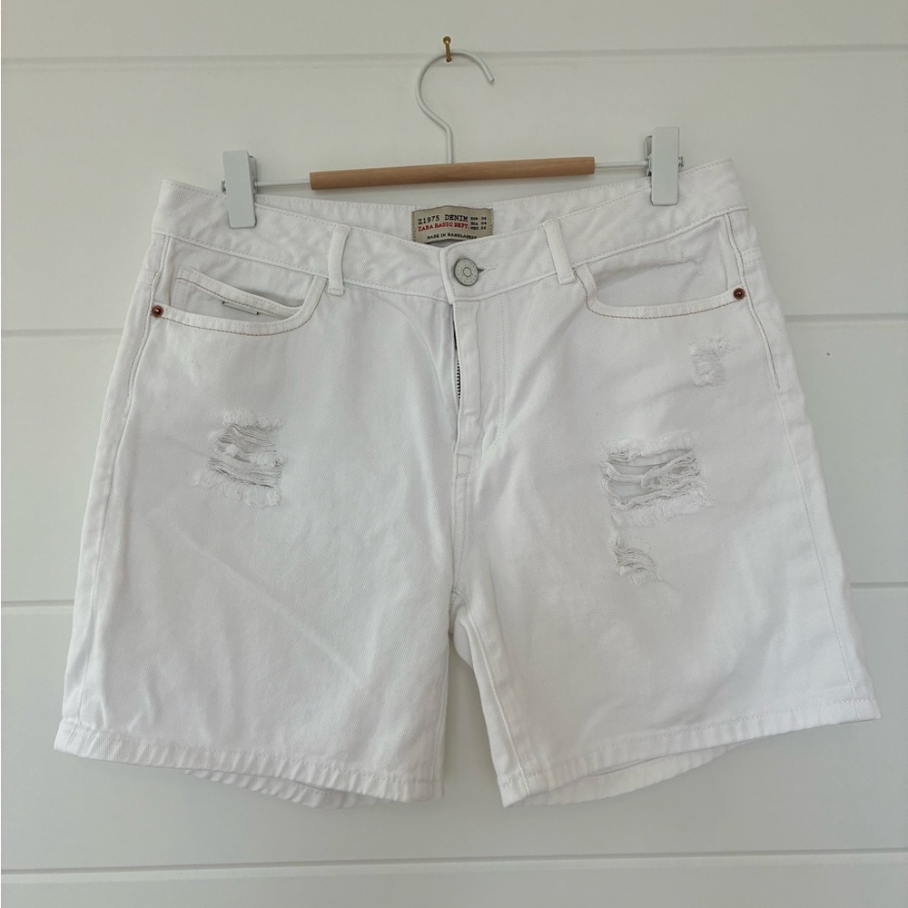 Zara White Distressed Jean Shorts